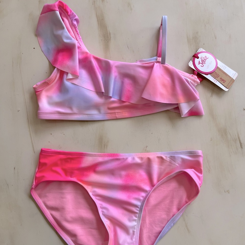 NWT- Justice Brand- Girls 2 Piece Pink Swirl Ruffle Top Swimsuit Size L (12/14)